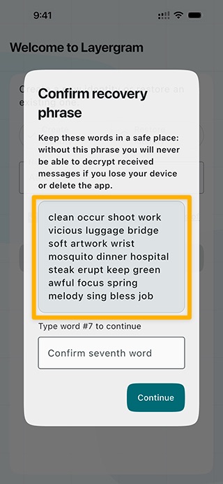 Layergram screen for step 003: Keep the 24 recovery words