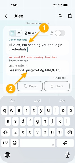 Write the cover message and the secret message