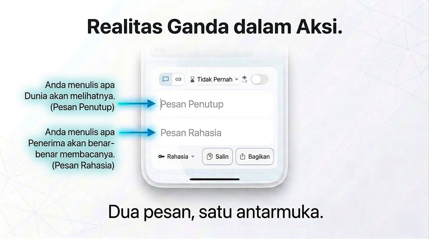 The dual reality in action — Layergram lets you write a cover message the world sees and a secret message only the recipient reads, two messages in one interface