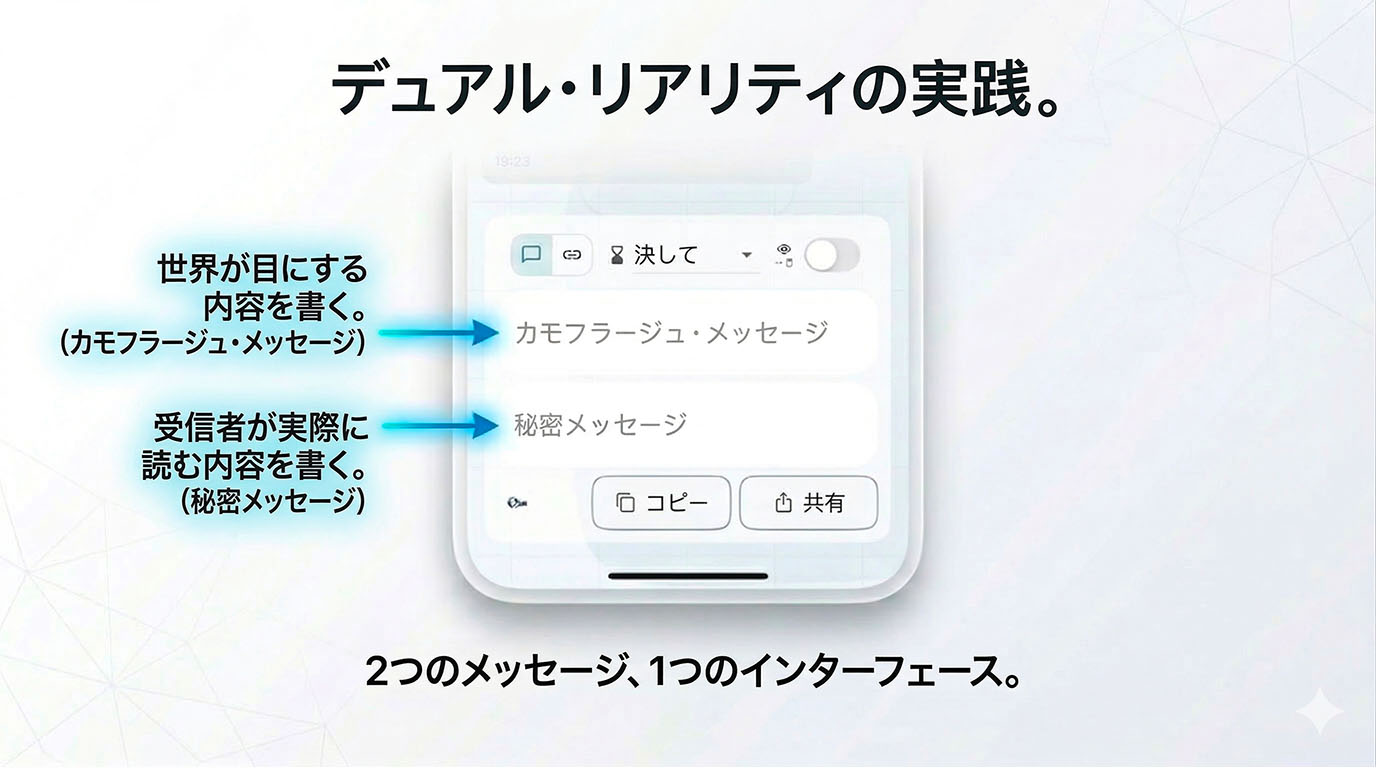 The dual reality in action — Layergram lets you write a cover message the world sees and a secret message only the recipient reads, two messages in one interface