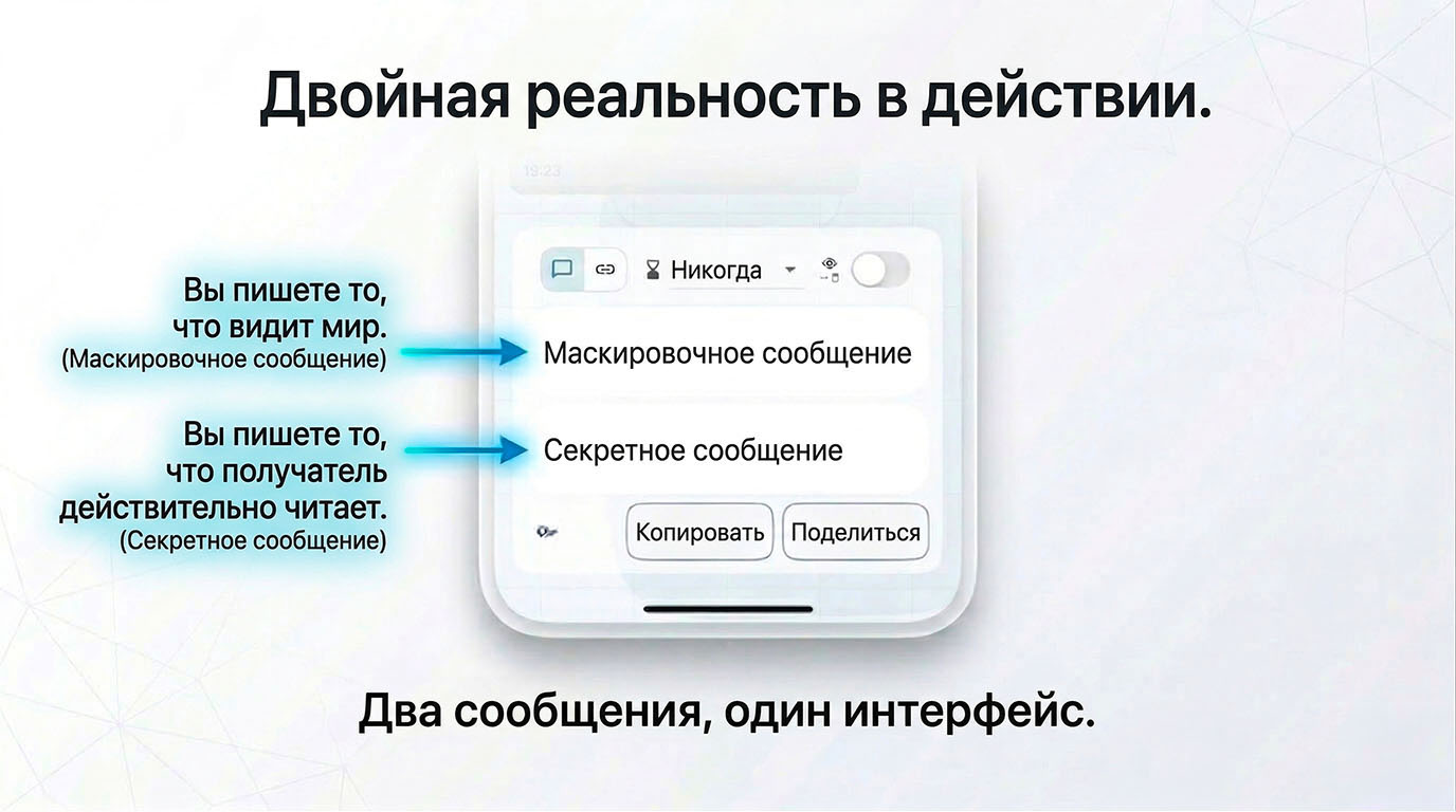The dual reality in action — Layergram lets you write a cover message the world sees and a secret message only the recipient reads, two messages in one interface